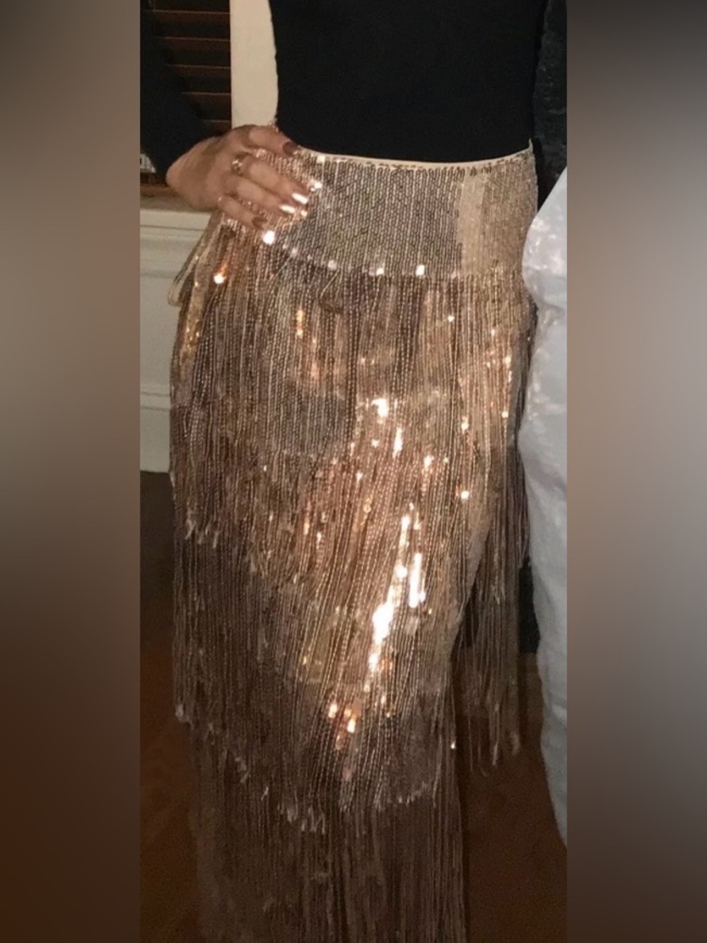 Radiant Rose Gold Sequin Fringe Midi Skirt